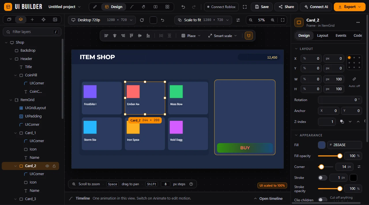 The UI Builder with a shop screen open on its canvas, the layers on the left and the properties on the right